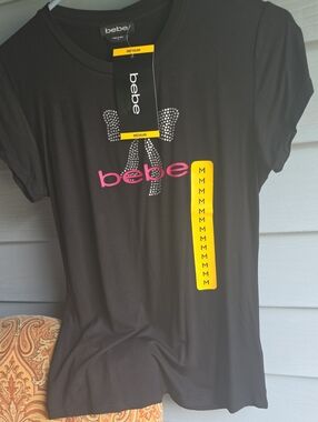 bebe Black Tee with Pink Logo and Silver Rhinestone Bow